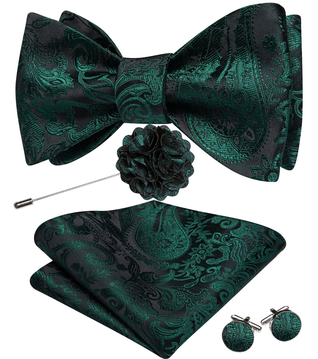 YOHOWA Mens Bow Tie Set with Lapel Pin Brooch Dark Green Silk Self Tie Bowtie Handkerchief Cufflinks Formal Wedding Party Prom