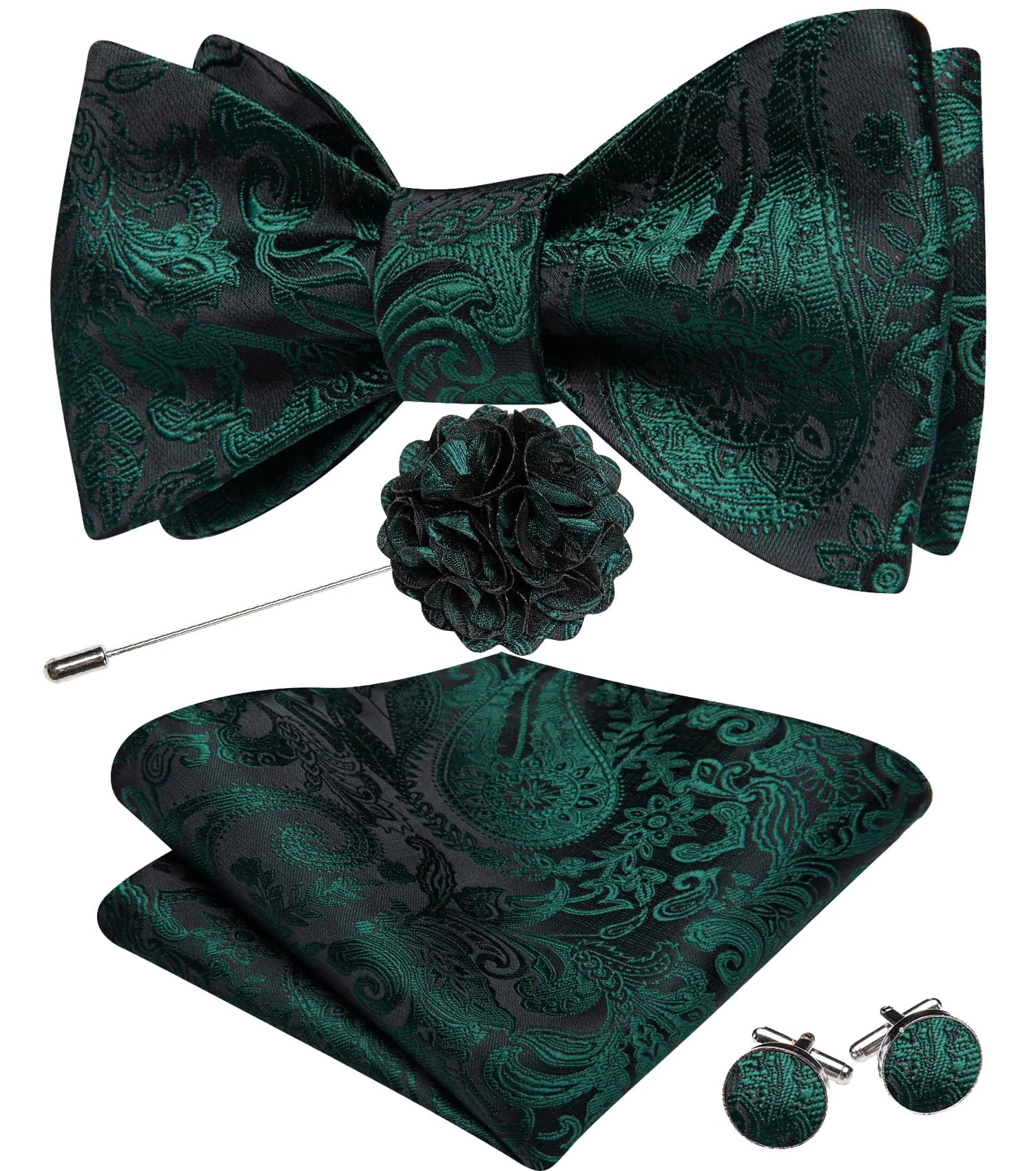 YOHOWA Mens Bow Tie Set with Lapel Pin Brooch Dark Green Silk Self Tie Bowtie Handkerchief Cufflinks Formal Wedding Party Prom