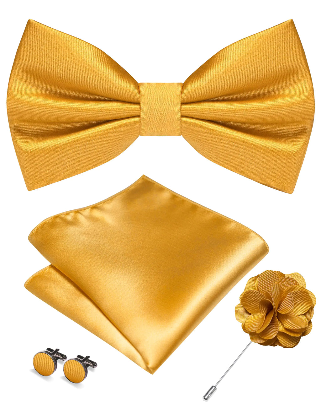 RBOCOTT Gold Bow Tie for Men Silk Bowtie and Pocket Square with Lapel Pin Cufflinks Set (3)